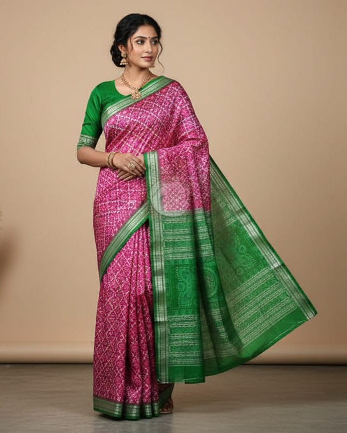 Pink Green Pasapali Tribal Sambalpuri Silk Saree