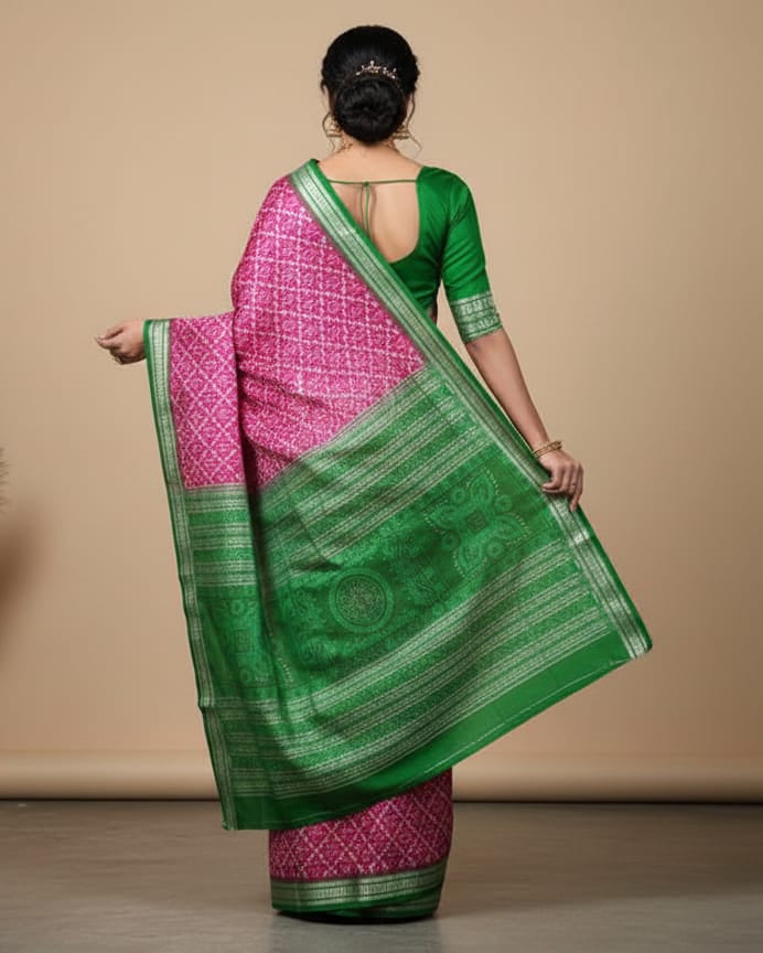 Pink Green Pasapali Tribal Sambalpuri Silk Saree