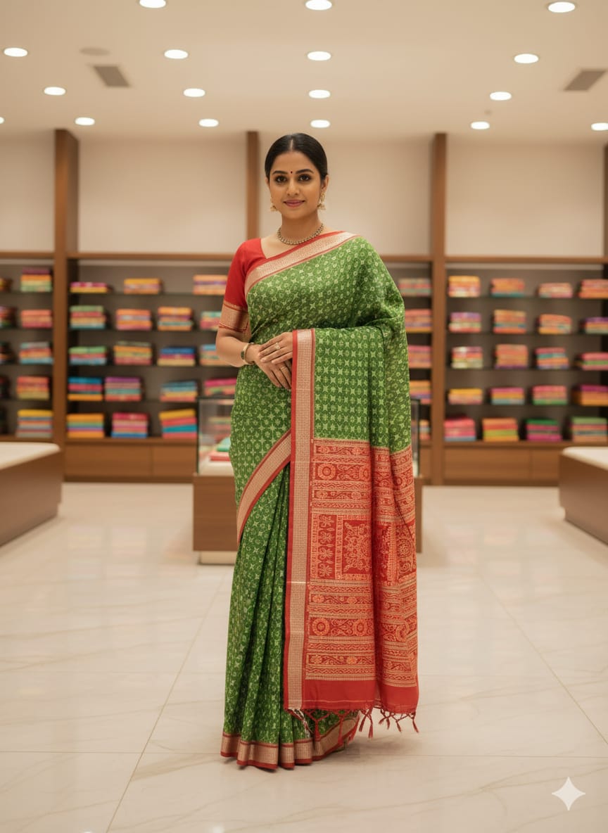 Mehendi Green Red Ek Chandia Sambalpuri Silk Saree