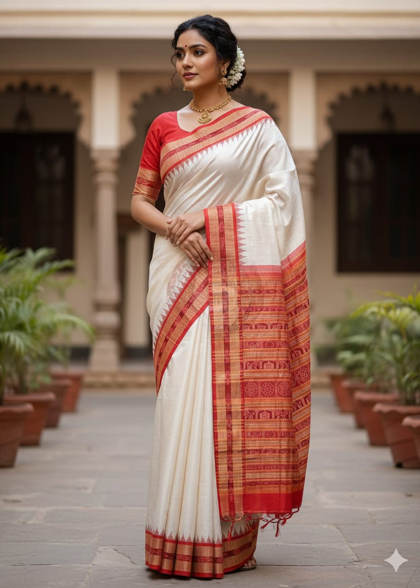 Off White Red Sachipar Odisha Handloom Sambalpuri Silk Saree