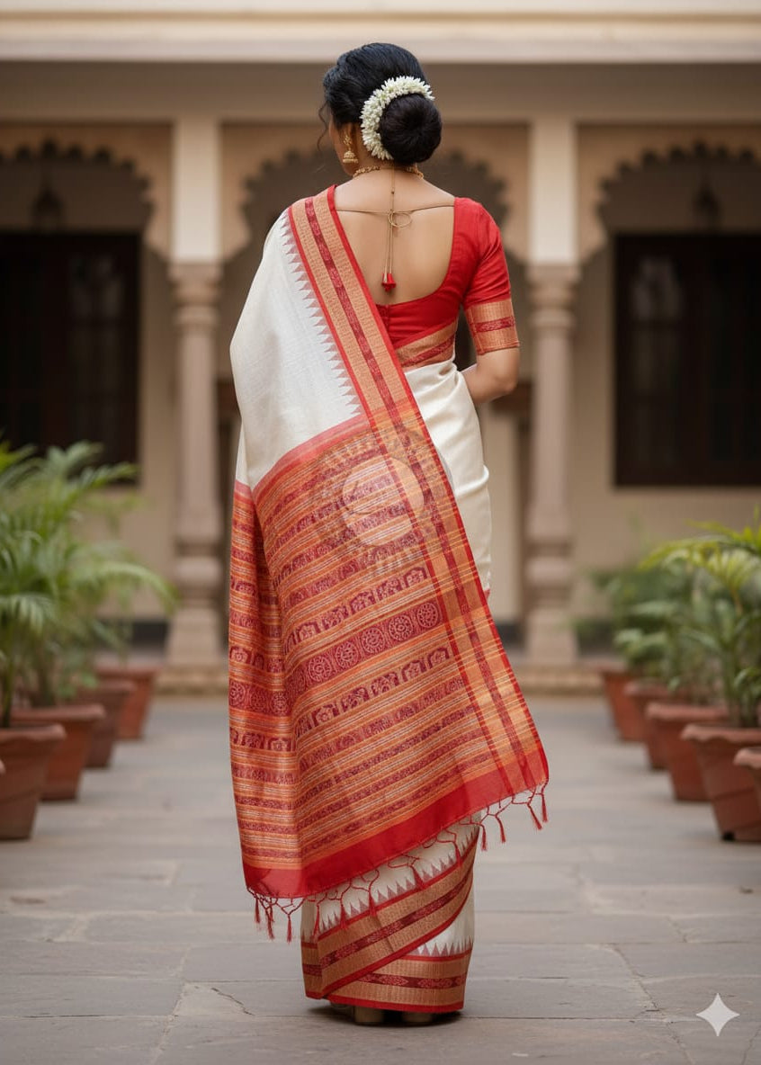 Off White Red Sachipar Odisha Handloom Sambalpuri Silk Saree