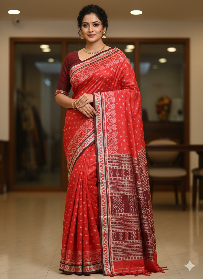 Red Coffee Scot Lotus Tribal Odisha Handloom Sambalpuri Silk Saree