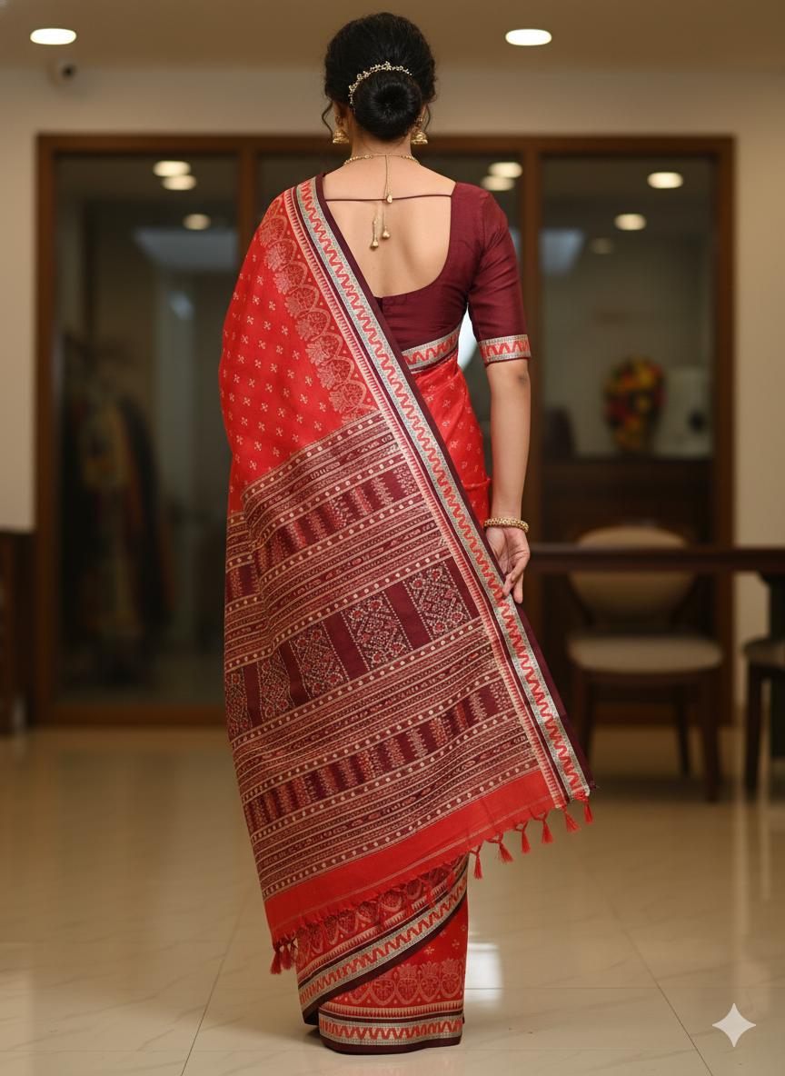 Red Coffee Scot Lotus Tribal Odisha Handloom Sambalpuri Silk Saree