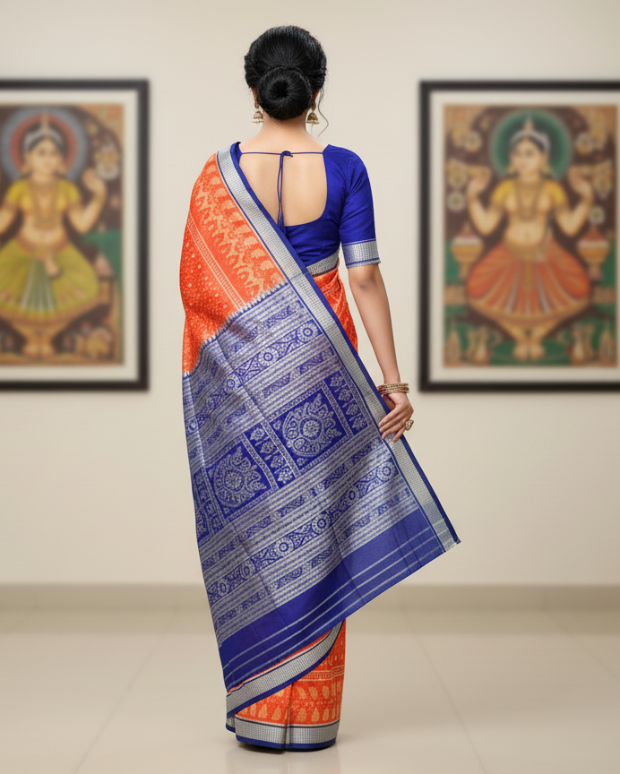 Orange Blue Tribal Ek Chandia Odisha Handloom Sambalpuri Silk Saree