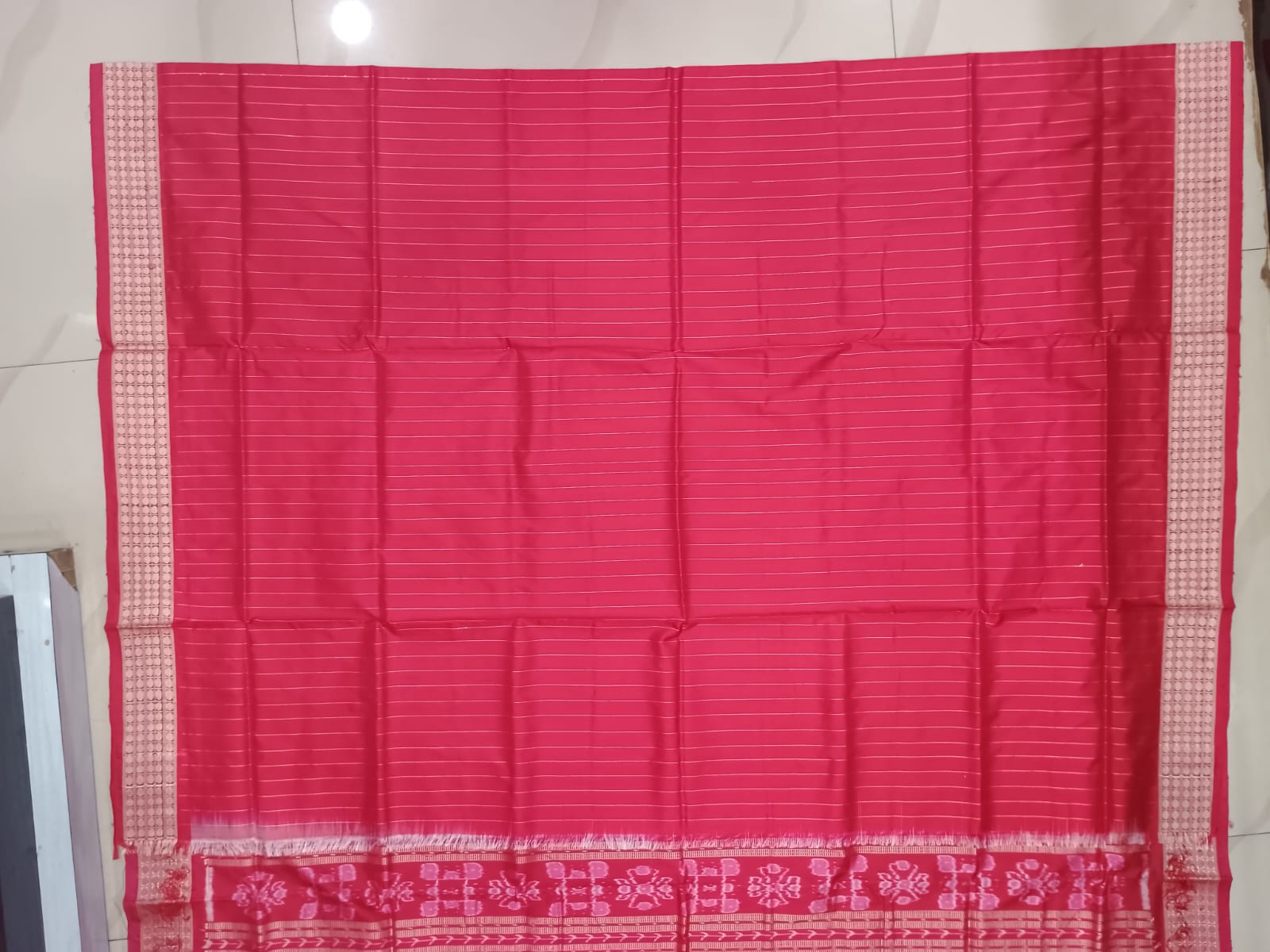 Peach Pink Red Ek Chandia Design Sambalpuri Silk Saree