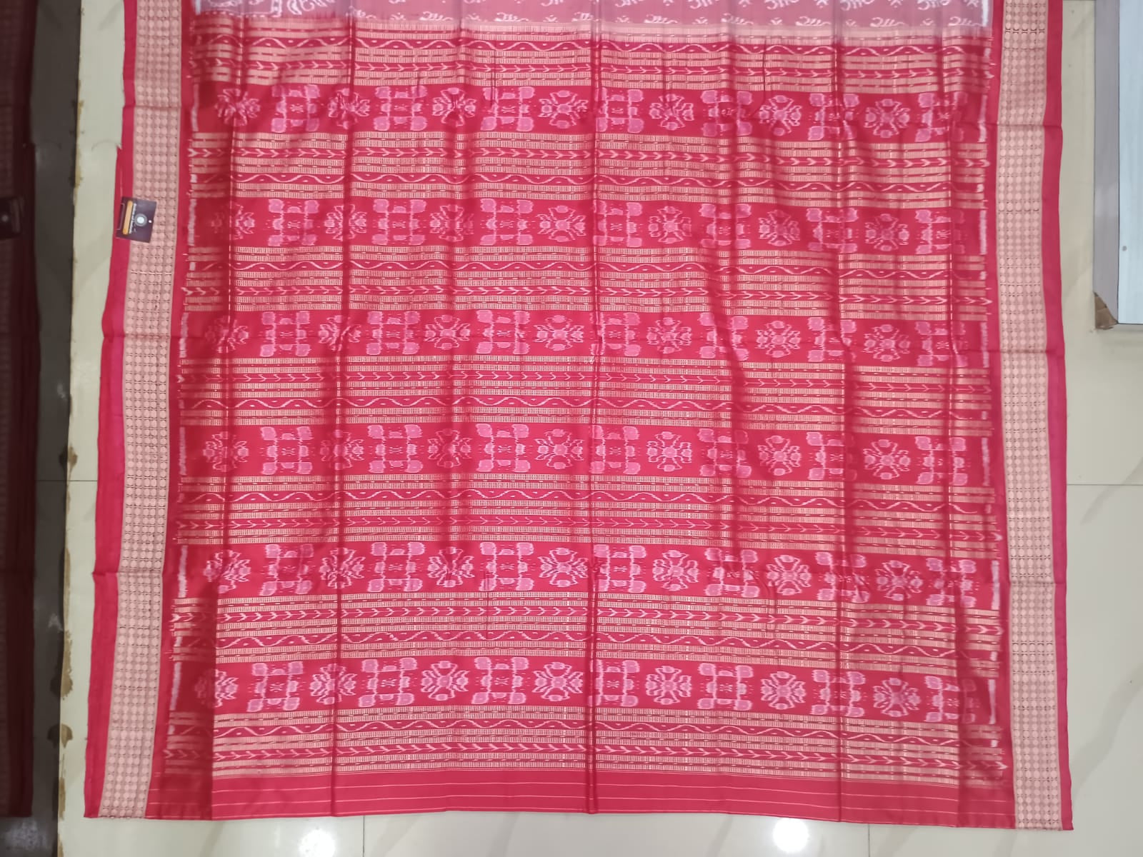 Peach Pink Red Ek Chandia Design Sambalpuri Silk Saree