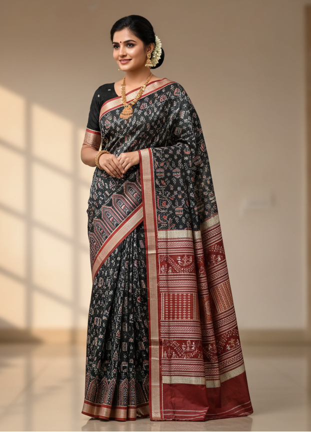 Black Maroon Tribal And House Sambalpuri Silk Saree