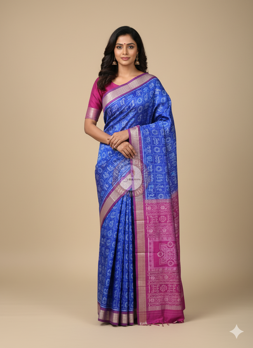 Blue Purple Animal Bandha Sambalpuri Silk Saree