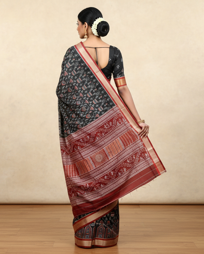 Black Maroon Tribal And House Sambalpuri Silk Saree