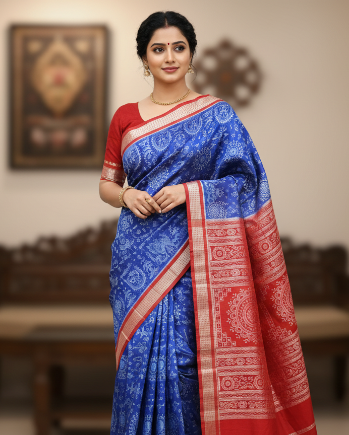 Blue Red Tribal Chakra Odisha Handloom Sambalpuri Silk Saree