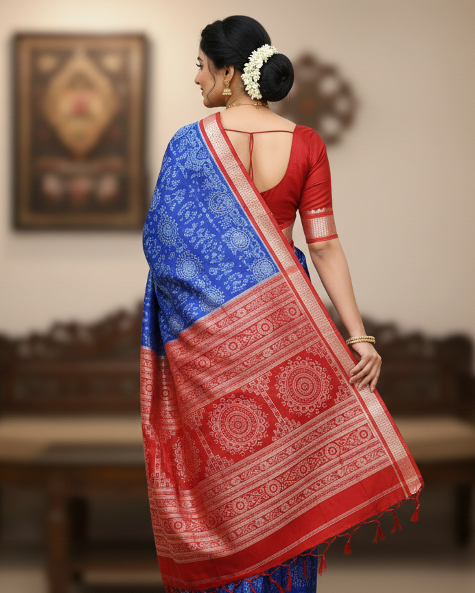 Blue Red Tribal Chakra Odisha Handloom Sambalpuri Silk Saree