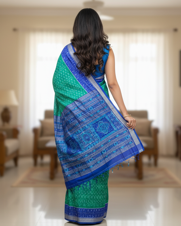 Sea Green Blue Tribal And Tree Sambalpuri Silk Saree