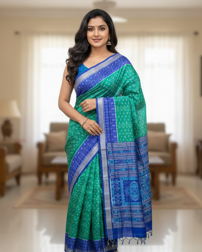 Sea Green Blue Tribal And Tree Sambalpuri Silk Saree