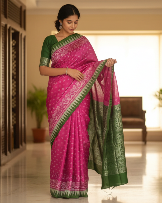 Magenta Mehendi Green Tribal Ek Chandia Sambalpuri Silk Saree