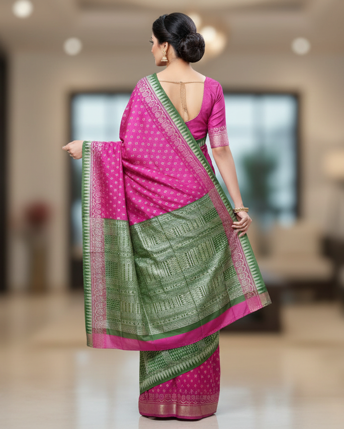 Magenta Mehendi Green Tribal Ek Chandia Sambalpuri Silk Saree