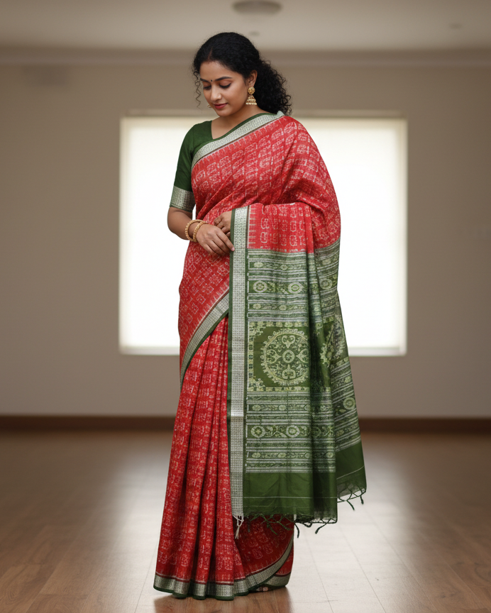 Red Mehendi Green Tribal Odisha Handloom Sambalpuri Silk Saree