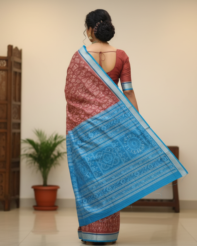 Reddish Brown Copper Sulphate Tribal And Tree Sambalpuri Silk Saree