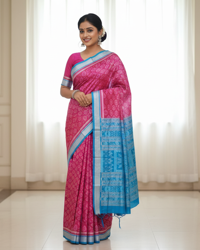Magenta Copper Sulphate Flower Design Sambalpuri Silk Saree