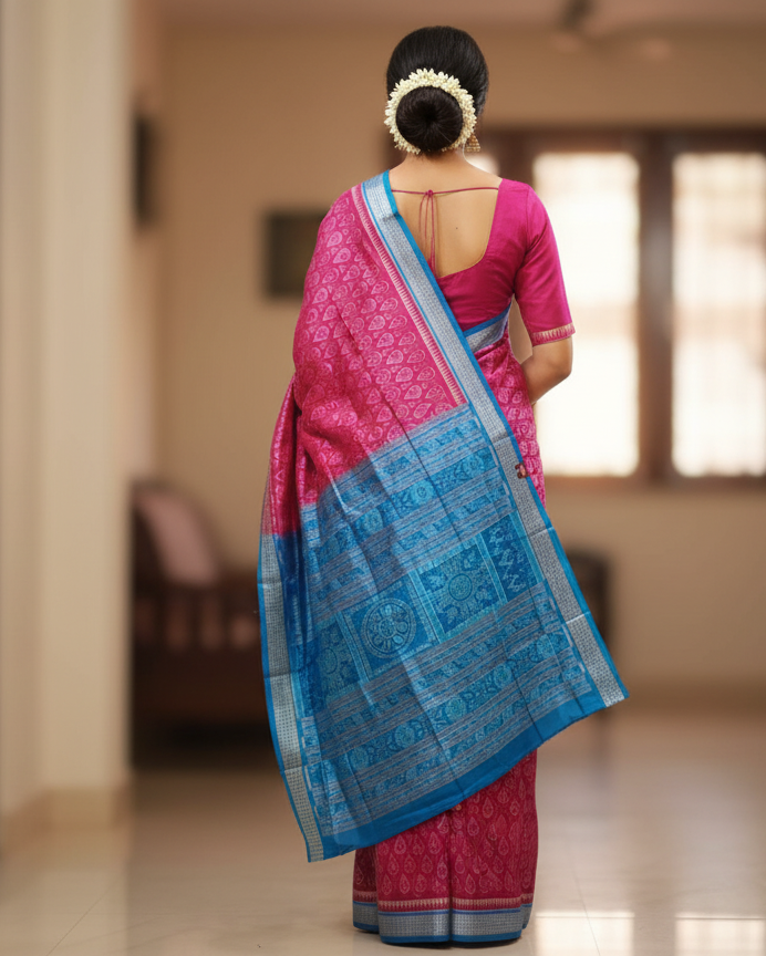 Magenta Copper Sulphate Flower Design Sambalpuri Silk Saree