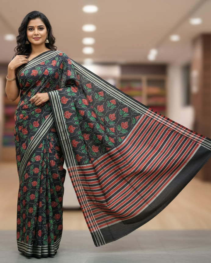 Black Red Hibiscus Design Sambalpuri Silk Saree