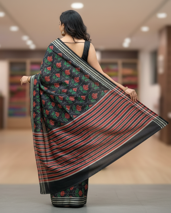 Black Red Hibiscus Design Sambalpuri Silk Saree