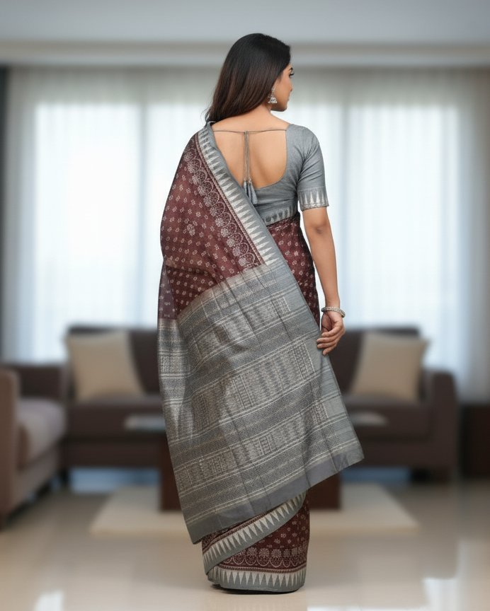 Coffee Red Tree Design Sambalpuri Silk Saree