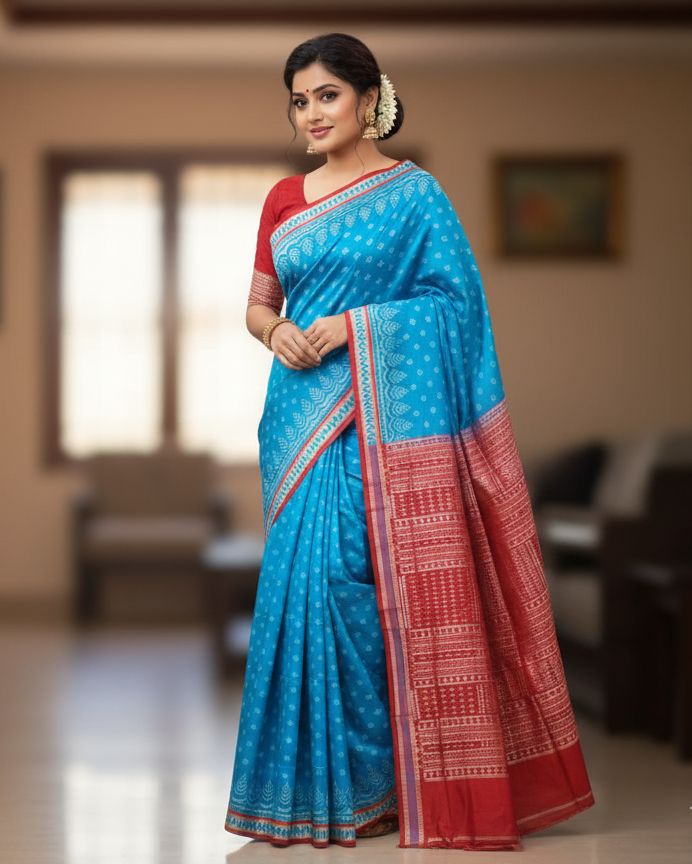 Copper Sulphate Red Tree Design Sambalpuri Silk Saree