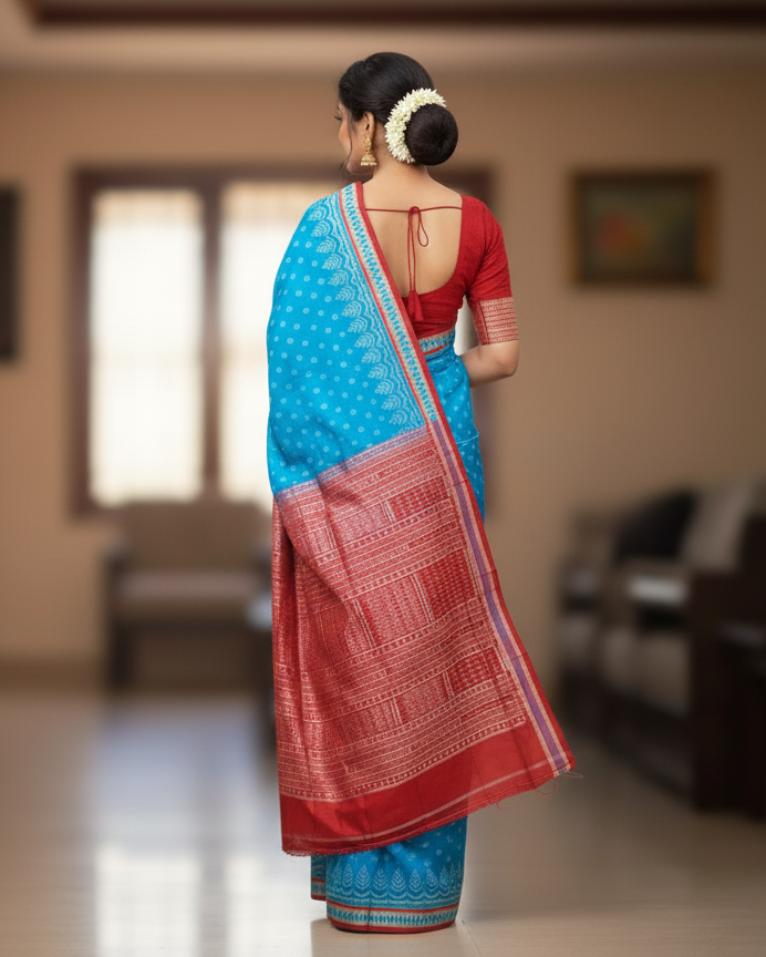 Copper Sulphate Red Tree Design Sambalpuri Silk Saree
