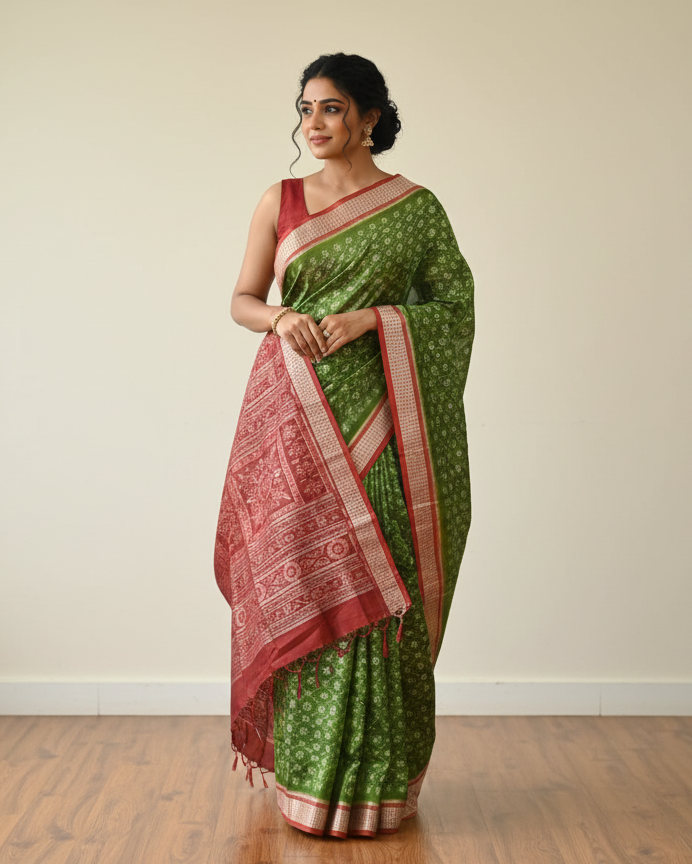 Mehendi Green Red Ek Chandia Design Sambalpuri Silk Saree