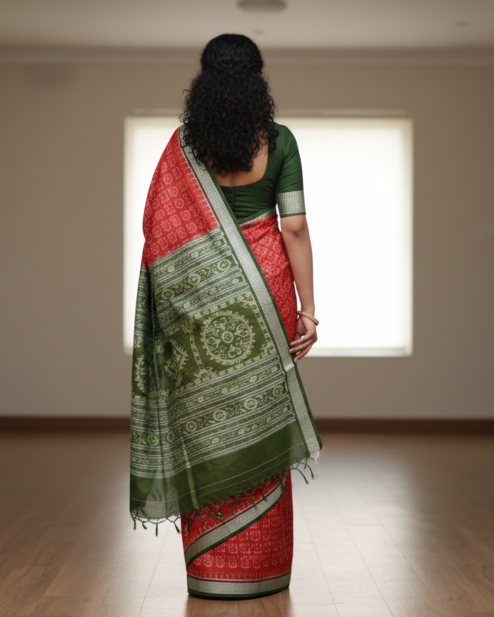 Red Mehendi Green Tribal Odisha Handloom Sambalpuri Silk Saree