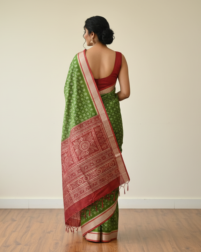 Mehendi Green Red Ek Chandia Design Sambalpuri Silk Saree