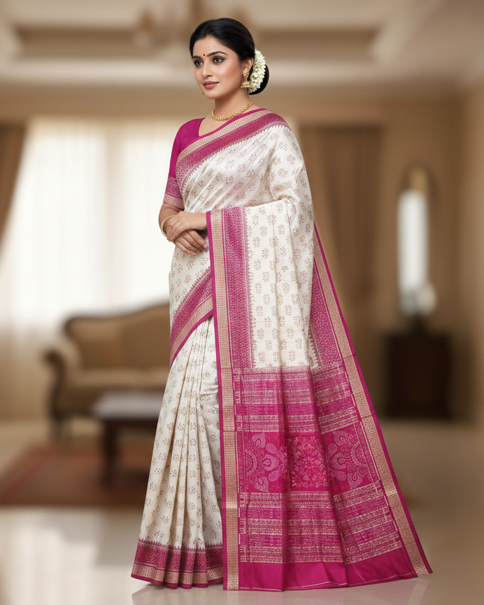 White Magenta Flower Ek Chandia Design Sambalpuri Silk Saree