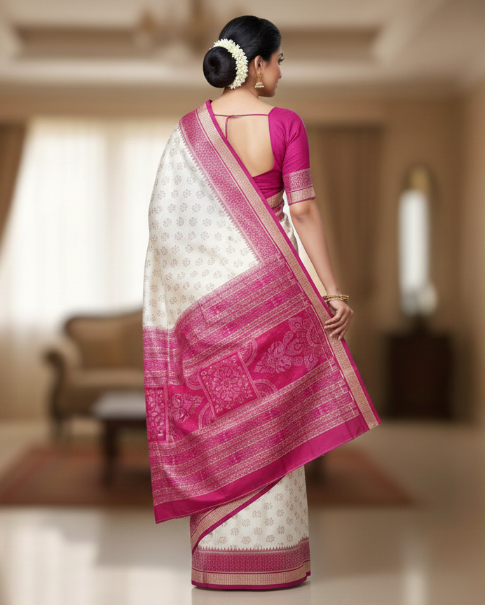 White Magenta Flower Ek Chandia Design Sambalpuri Silk Saree