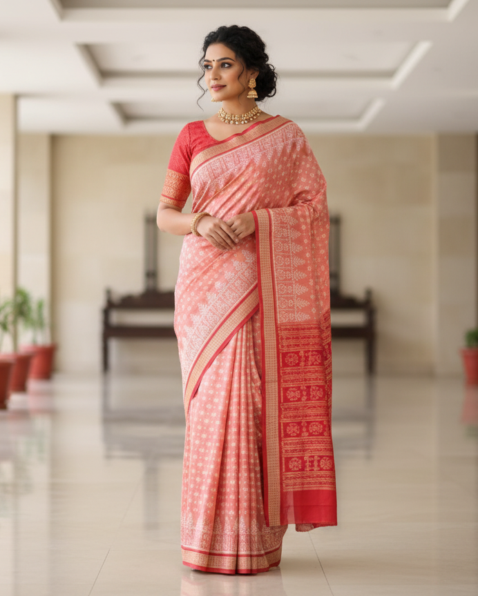 Peach Pink Red Ek Chandia Design Sambalpuri Silk Saree