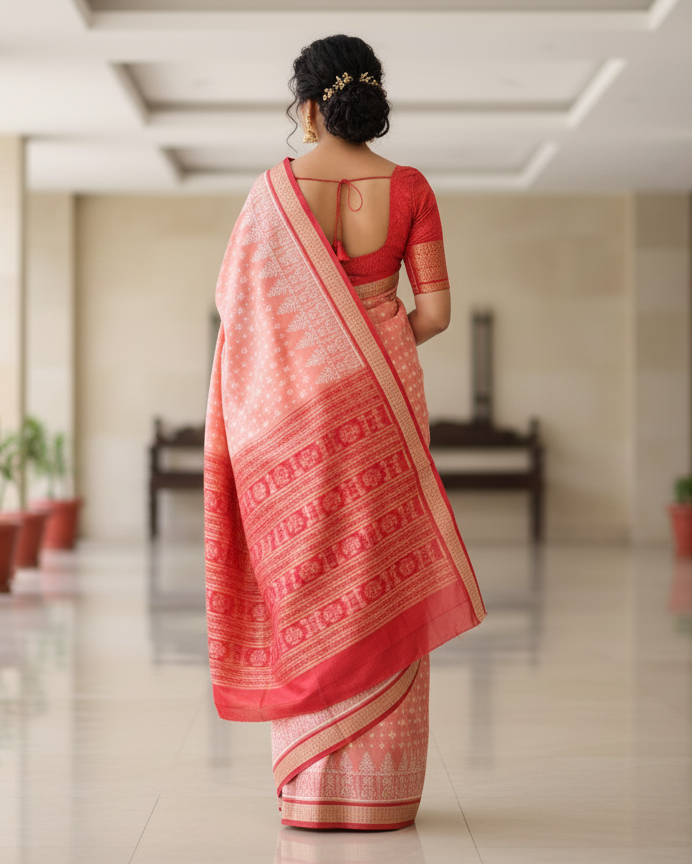 Peach Pink Red Ek Chandia Design Sambalpuri Silk Saree