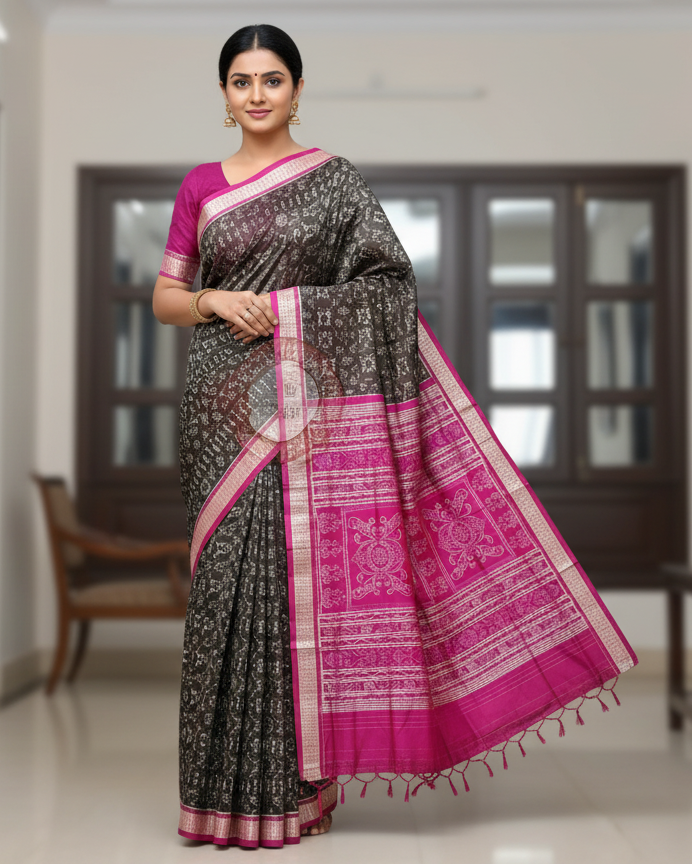 Black Magenta Tribal Pasapali Sambalpuri Silk Saree