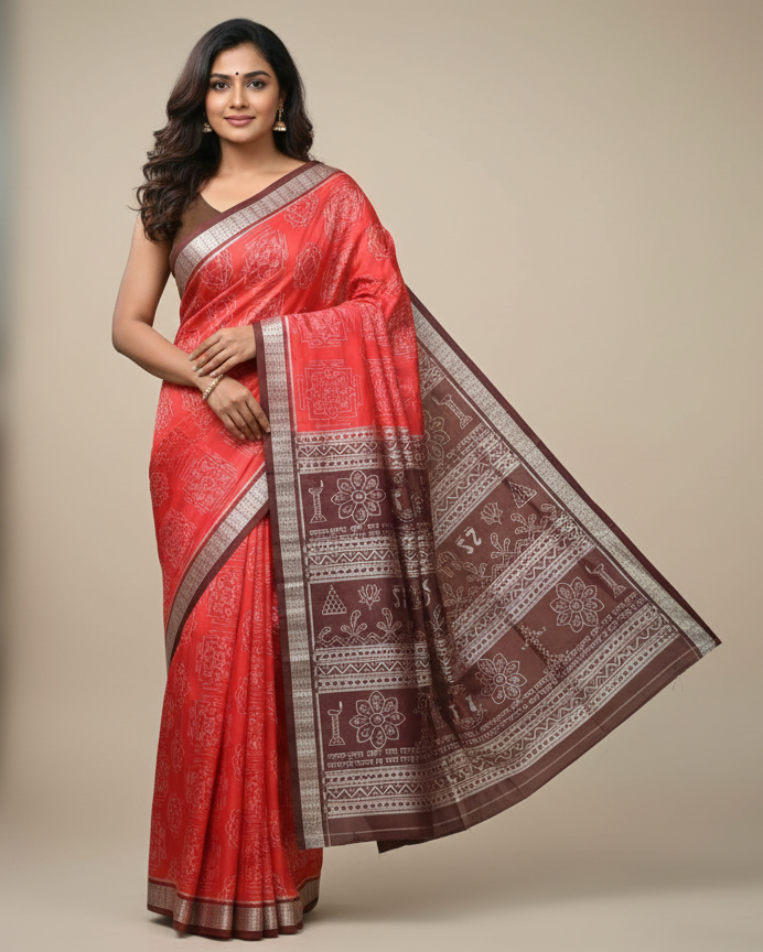 Red Coffee Sri Yantra Sambalpuri Silk Saree