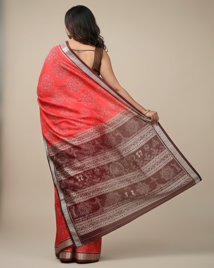 Red Coffee Sri Yantra Sambalpuri Silk Saree