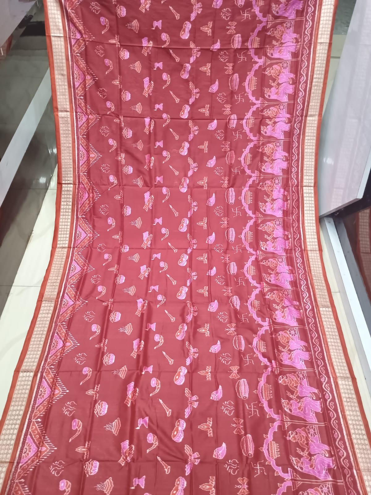 Reddish Brown Rust Marriage Design Sambalpuri Silk Saree