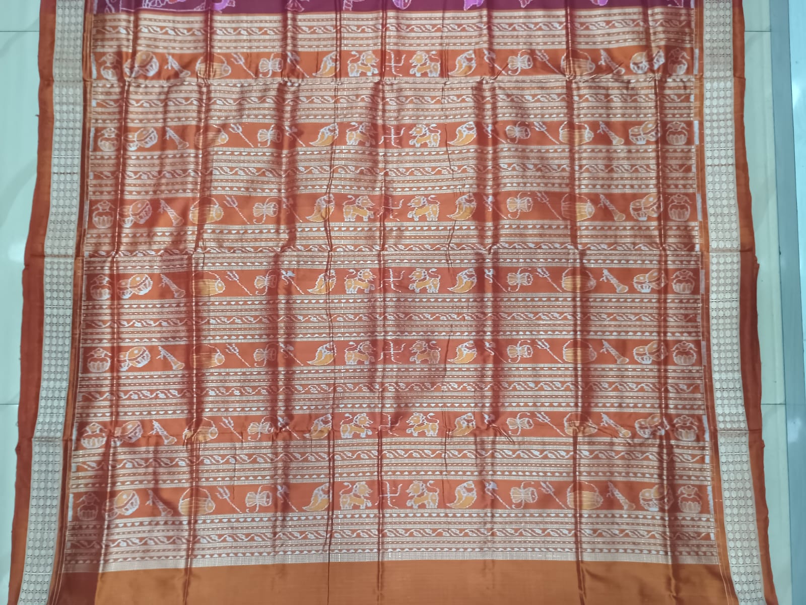 Reddish Brown Rust Marriage Design Sambalpuri Silk Saree