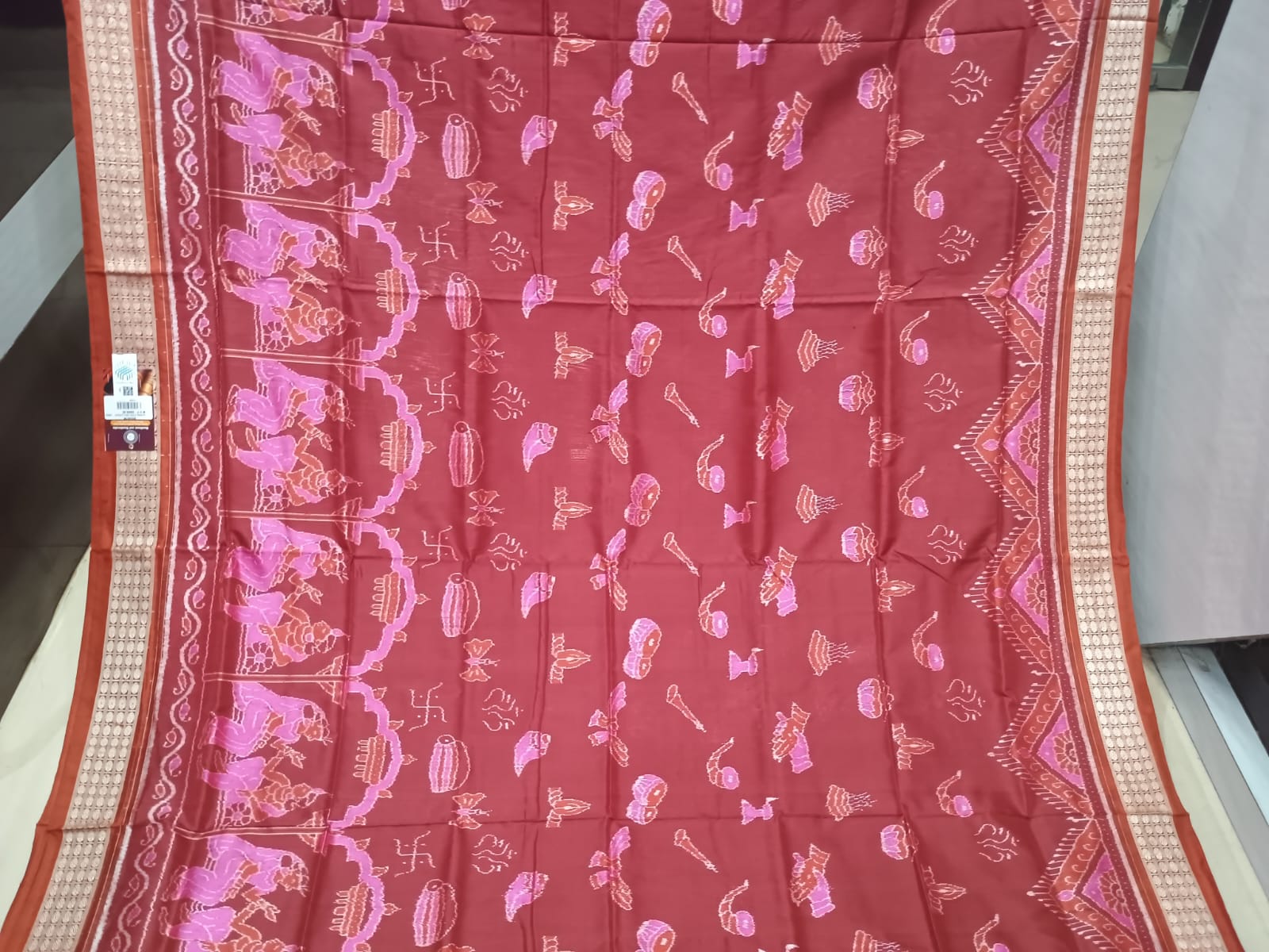 Reddish Brown Rust Marriage Design Sambalpuri Silk Saree