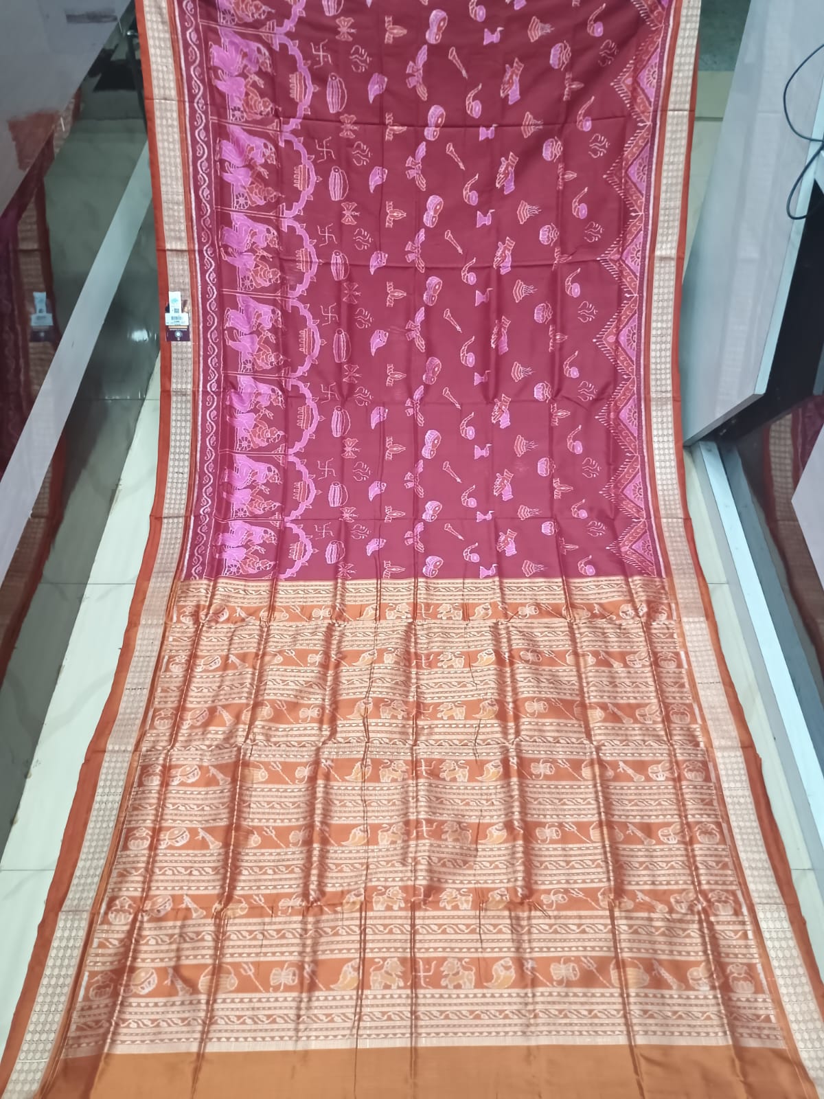 Reddish Brown Rust Marriage Design Sambalpuri Silk Saree