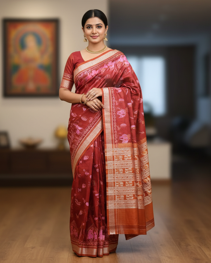 Reddish Brown Rust Marriage Design Sambalpuri Silk Saree