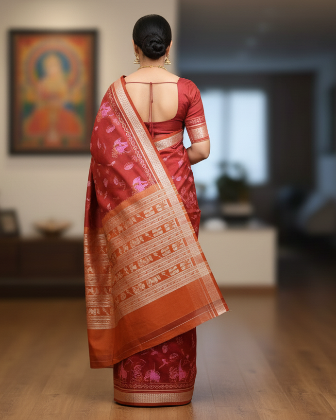 Reddish Brown Rust Marriage Design Sambalpuri Silk Saree