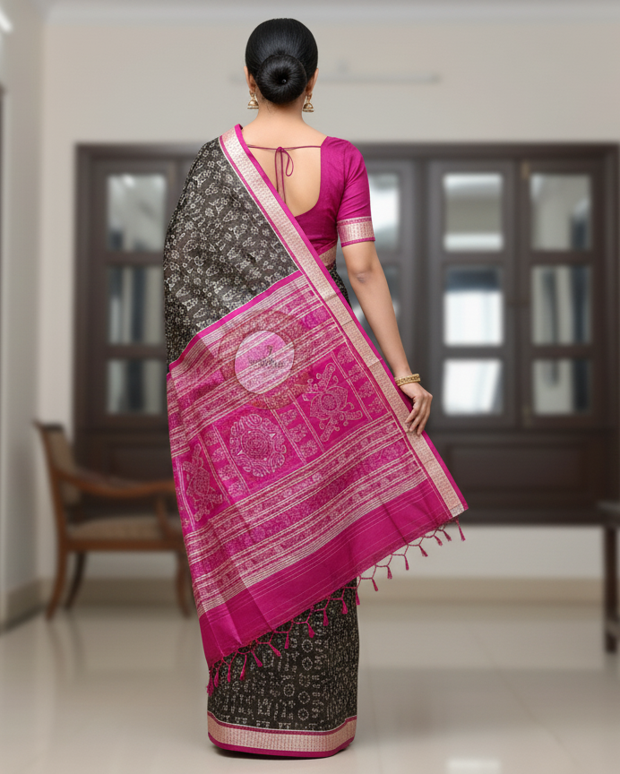 Black Magenta Tribal Pasapali Sambalpuri Silk Saree