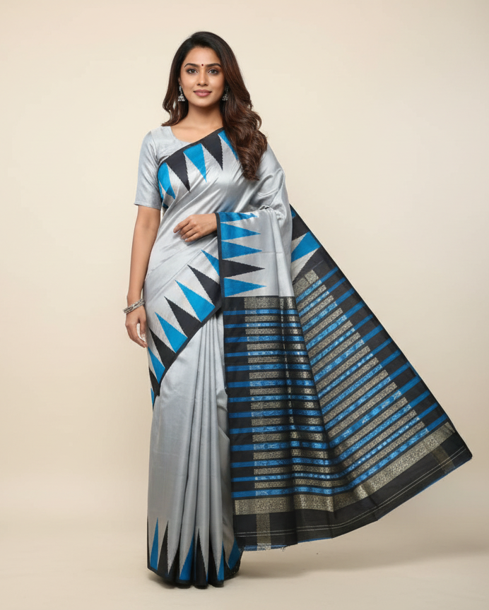 Grey Blue Multi Colour Kumbha Design Sambalpuri Silk Saree