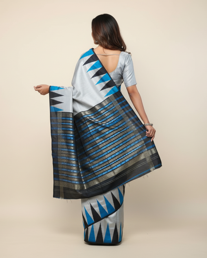 Grey Blue Multi Colour Kumbha Design Sambalpuri Silk Saree