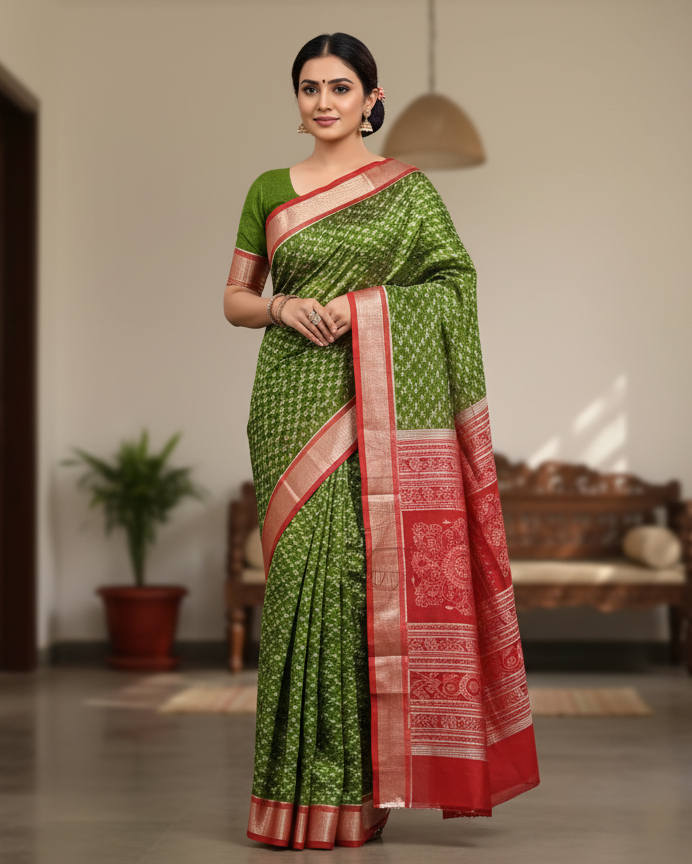 Mehendi Green Red Tribal Ek Chandia Odisha Handloom Sambalpuri Silk Saree