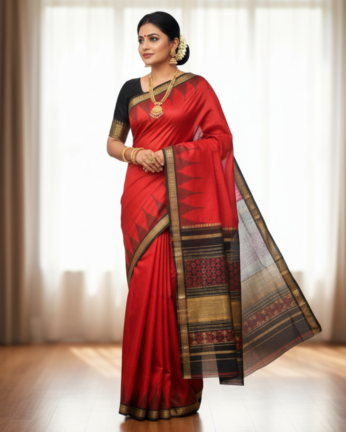 Red Black Phoda Kumbha Sambalpuri Silk Saree