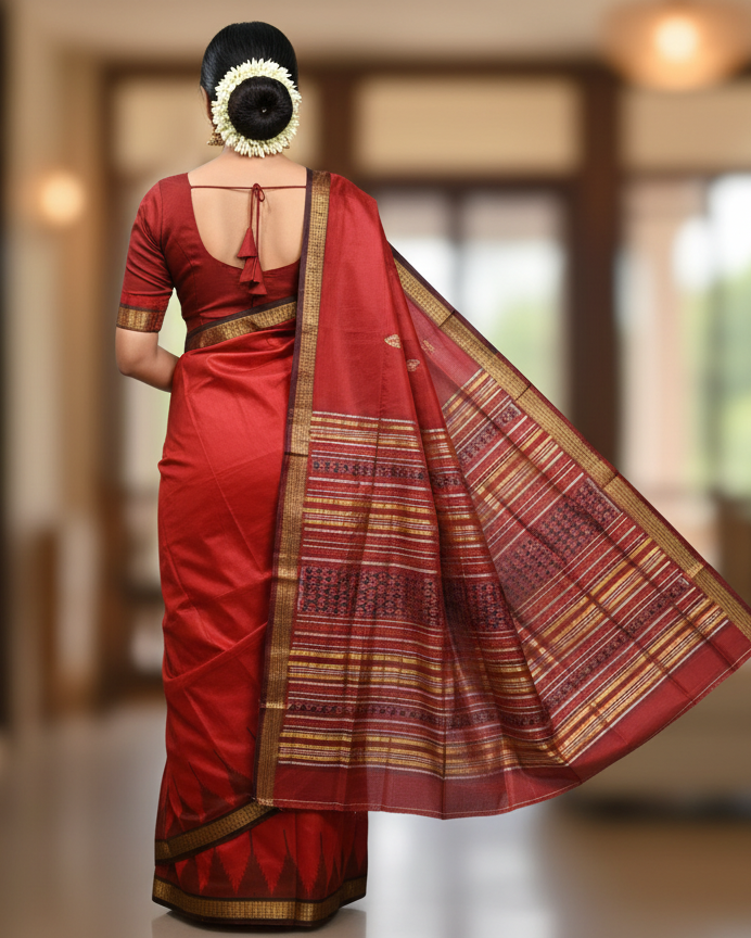 Red Black Phoda Kumbha Sambalpuri Silk Saree